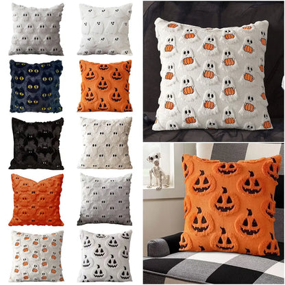 Halloween Ghost Pumpkin Pillowcase - Plush Faux Fur Pillow Cover - Bascora