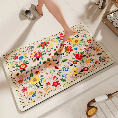 Diatomaceous Earth Stone Bath Mat - Flower Design Quick-Drying Carpet - Bascora