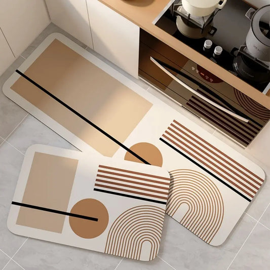 Set of geometric patterned mats on a kitchen floor