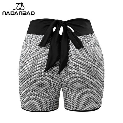 Checkered High Waist Yoga Shorts - Honeycomb Fitness Shorts with Bow - Bascora