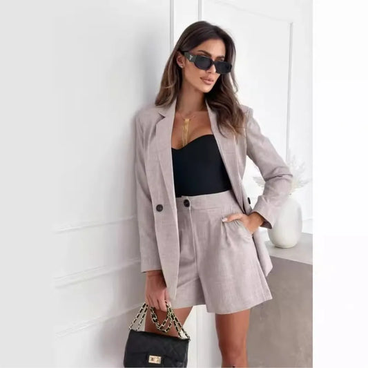 Women's Linen Suit Set - Long Sleeve Blazer & Shorts 2-Piece