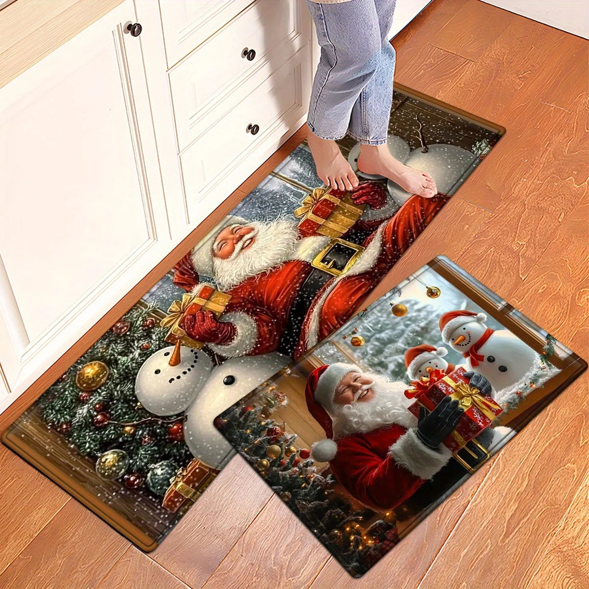 Red Grid Santa Claus Kitchen Floor Mat - Christmas Welcome Rug