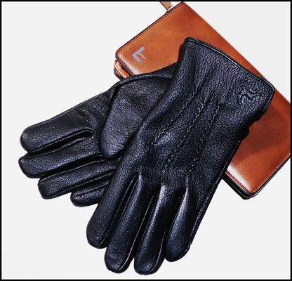 Guantes de piel auténtica de ciervo con textura - Unisex con forro de lana