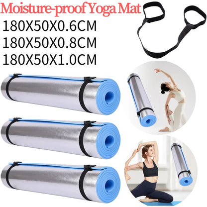 Moisture-proof yoga mat with dimensions and a resistance band on a white background.