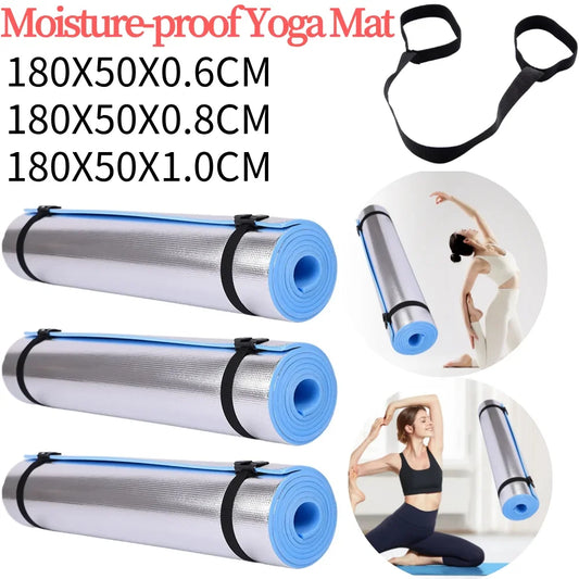 Moisture-proof yoga mat with dimensions and a resistance band on a white background.