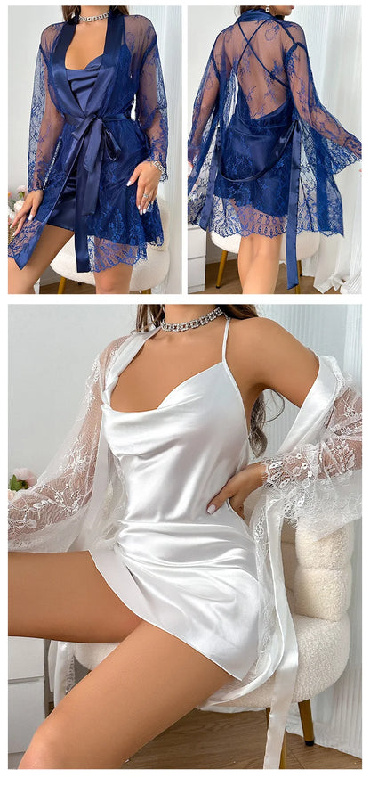 Bridal Silk Satin Robe Set - Lace Nightgown and Bathrobe - Bascora