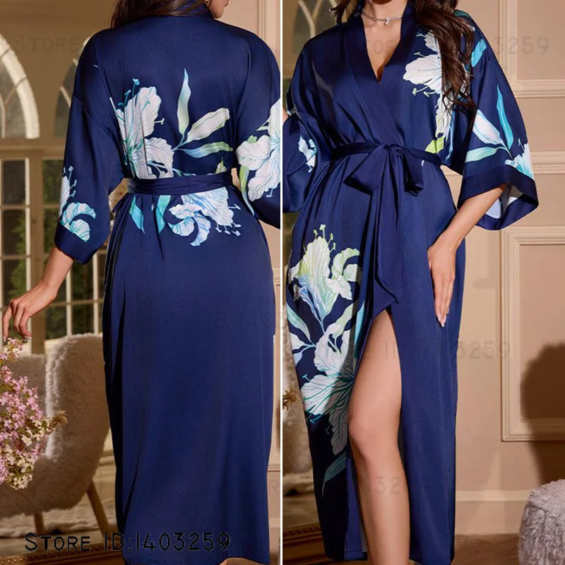 Plus Size Floral Kimono Robe - Silk Satin Loungewear