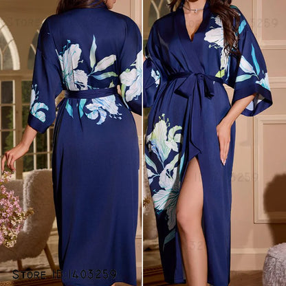 Plus Size Floral Kimono Robe - Silk Satin Loungewear - Bascora
