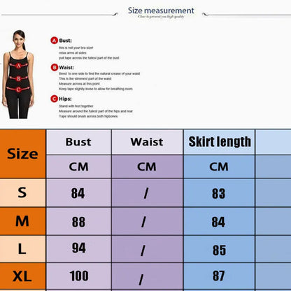 Size measurement chart for clothing with a woman illustration and measurements.