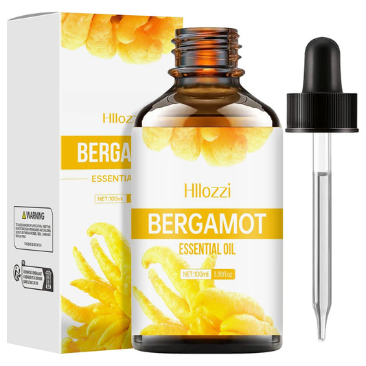 Hillozzi Bergamot essential oil bottle with dropper and packaging on a white background