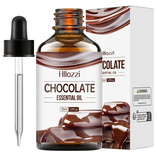 Hillozzi Chocolate Essential Oil bottle and packaging on a white background