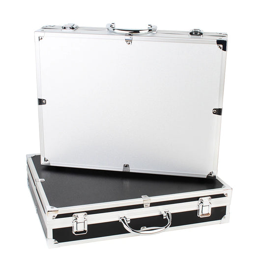 Silver briefcase with black interior on a white background