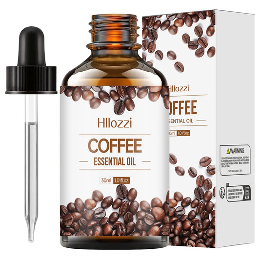 Hillozzi Coffee Essential Oil bottle with dropper and packaging on a white background
