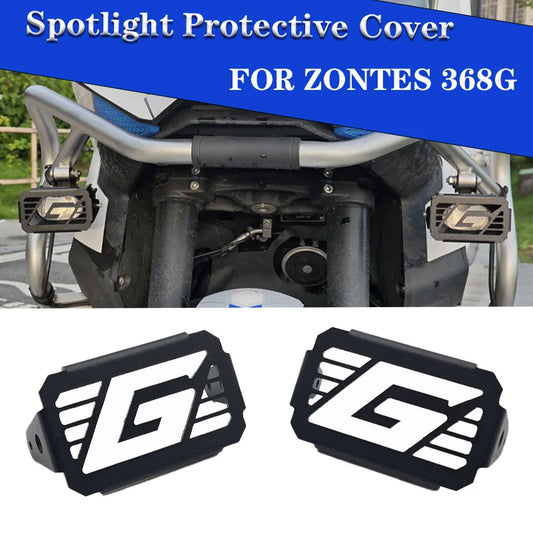Motorcycle with spotlight protective covers labeled 'Spotlight Protective Cover FOR ZONTES 368G' on a blue banner.