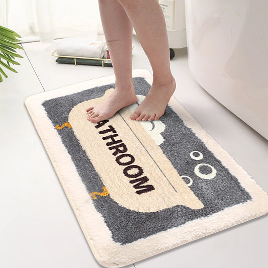 Person standing on a bathroom-themed doormat with 'Bathroom' text.