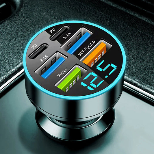 Fast Charging USB Type-C Car Charger - 6 Ports - Digital Display