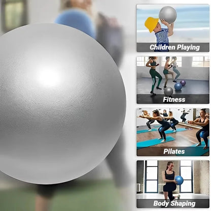 Silver exercise ball with images of people using it for different activities like playing, fitness, pilates, and body shaping.