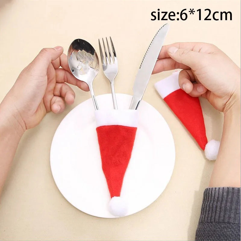 Christmas Cutlery Holder Bag - Santa Hat Fork Knife Sleeves