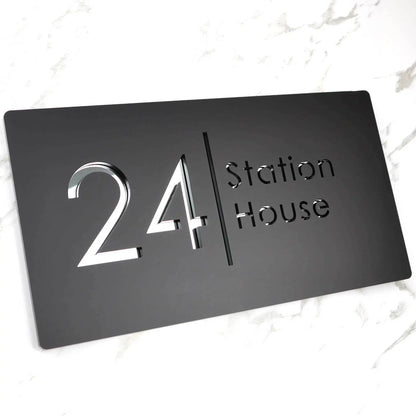 Placa personalizada con grabado láser de acrílico negro mate/gris mate para número de casa y número de calle para exteriores