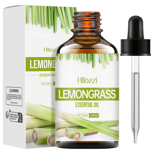Hillozzi Lemongrass essential oil bottle with dropper and packaging on a white background