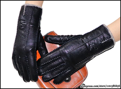 Guantes de piel auténtica de ciervo con textura - Unisex con forro de lana
