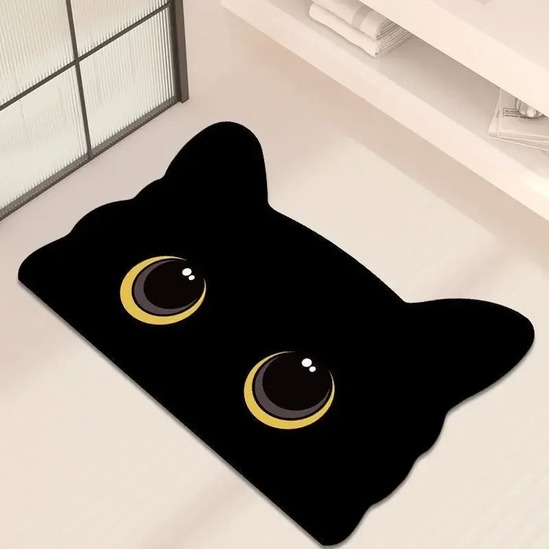 Cat-Themed Diatomaceous Earth Bath Mat - Black Cartoon Design