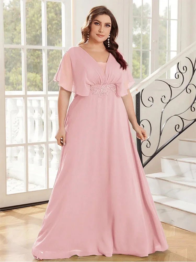 Plus Size Chiffon Evening Dress - V-Neck Bridesmaid Gown