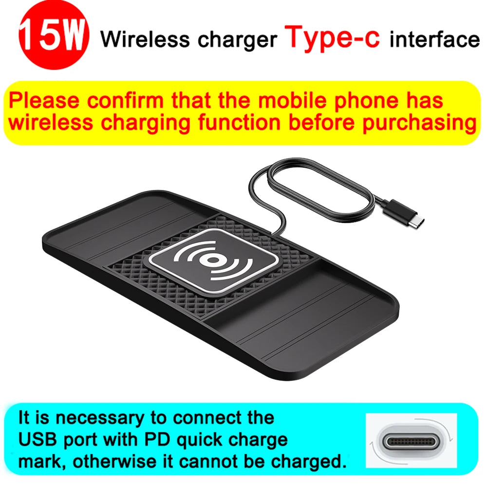 Chargeur sans fil rapide 15 W - Tapis en caoutchouc antidérapant pour le rangement dans la voiture