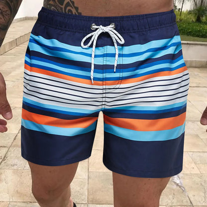 Men's Striped Board Shorts - Color Contrast Surf Swim Shorts - Bascora