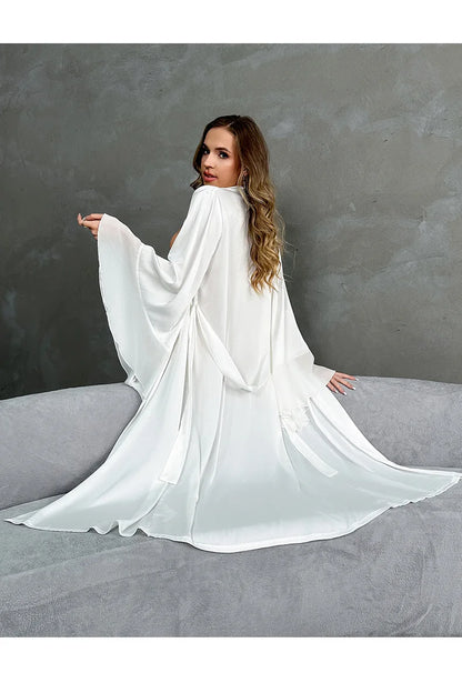Lotus Leaf Sleeve Bridal Kimono Robe - Silk Satin Wedding Lingerie - Bascora