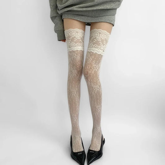 Women's Flower Lace Fishnet Thigh High Stockings - Sweet Frilly Trim