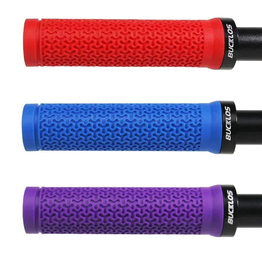 Three bicycle handlebar grips in red, blue, and purple with 'Buckleys' branding on a white background.
