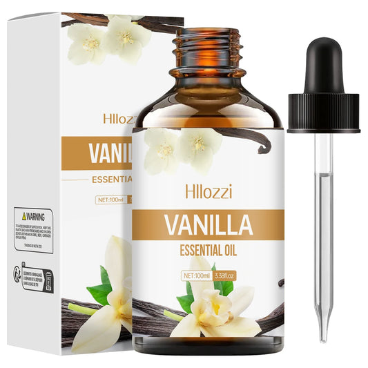 Hillozzi Vanilla Essential Oil bottle with dropper and packaging on a white background