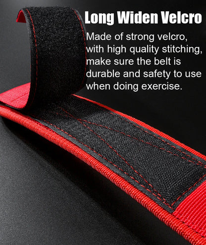 Close-up of a red and black belt with velcro, text on durability and safety.