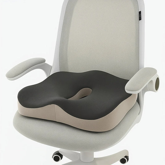 Gray office chair with a cushion on a white background