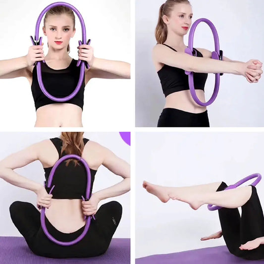 Woman using a purple exercise hoop in various poses on a white background