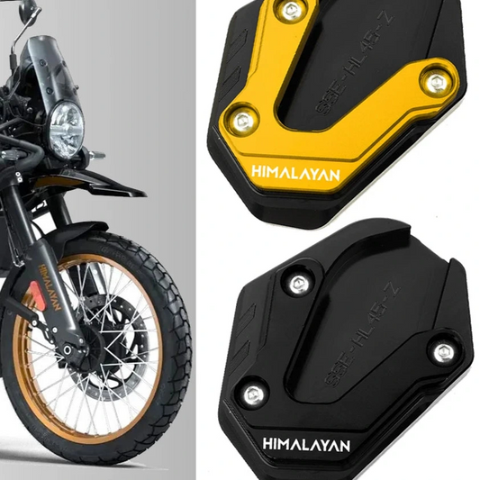 Motorcycle with side stand extensions labeled 'Himalayan' on a white background