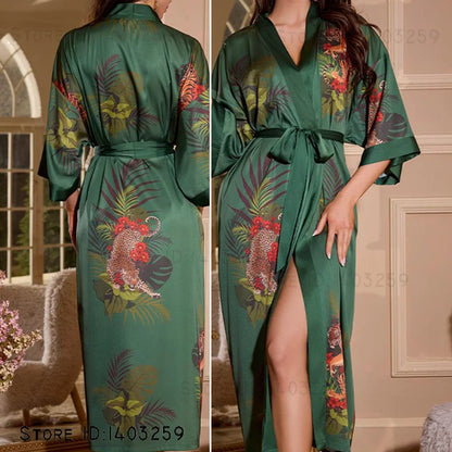 Plus Size Floral Kimono Robe - Silk Satin Loungewear - Bascora