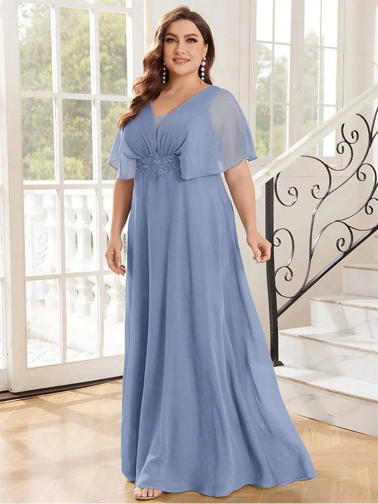Plus Size Chiffon Evening Dress - V-Neck Bridesmaid Gown