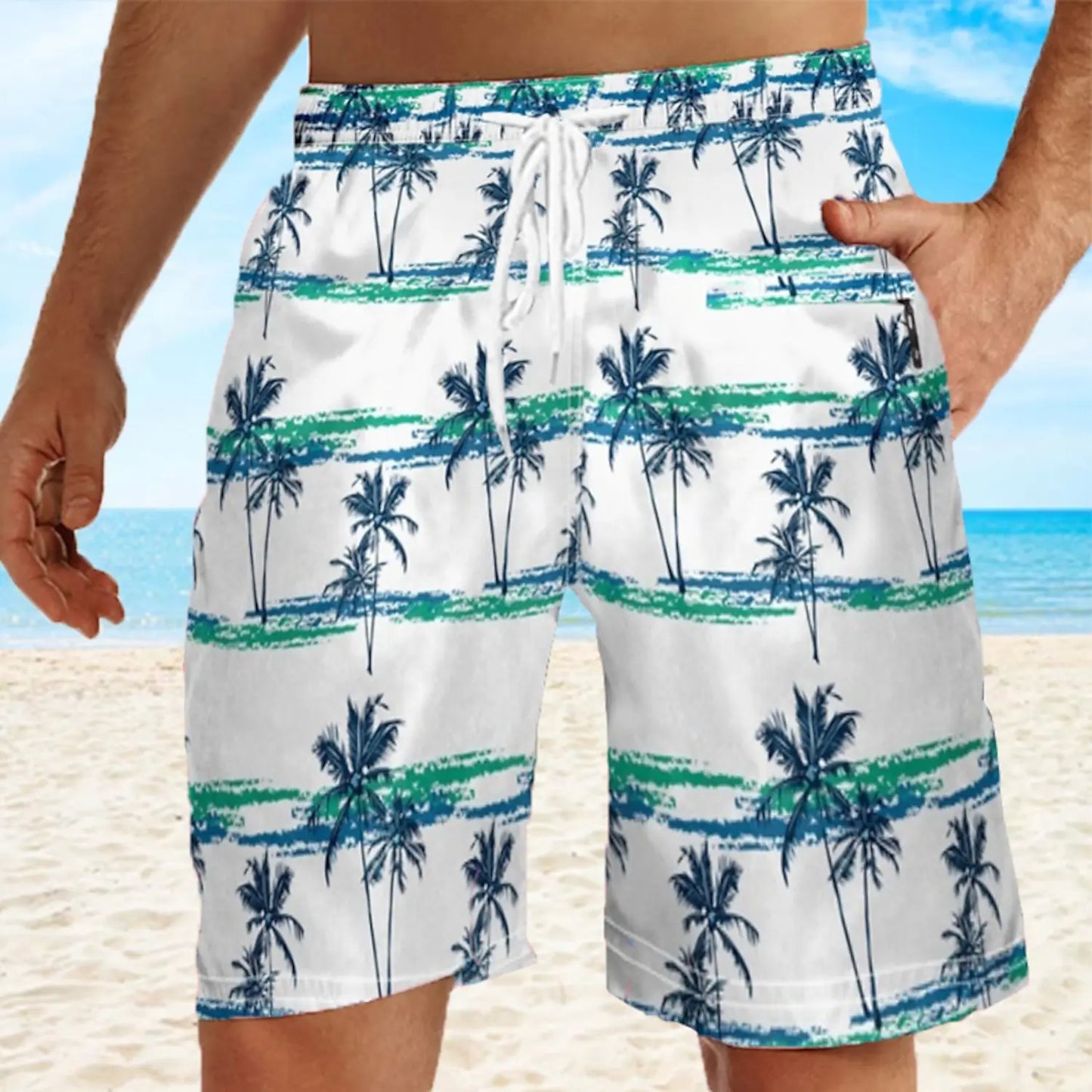 Short de bain hawaïen à motif cocotier - Short de plage à séchage rapide pour homme