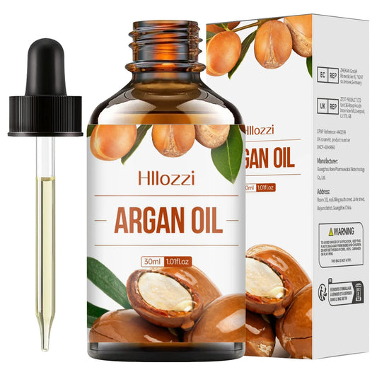Hilozzi Argan Oil bottle with dropper and packaging on a white background