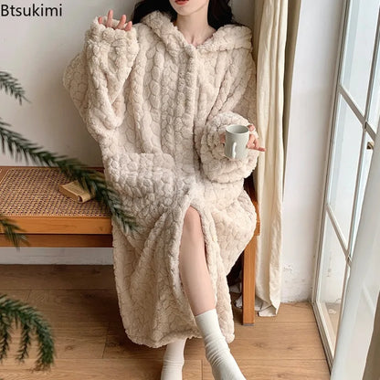 Winter Hooded Fleece Robe - Warm Pocket Nightgown - Bascora