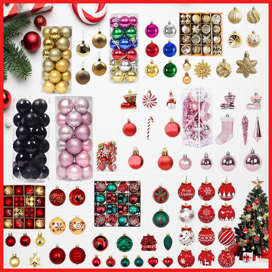 Assorted Christmas ornaments including balls, stars, and trees on a white background.