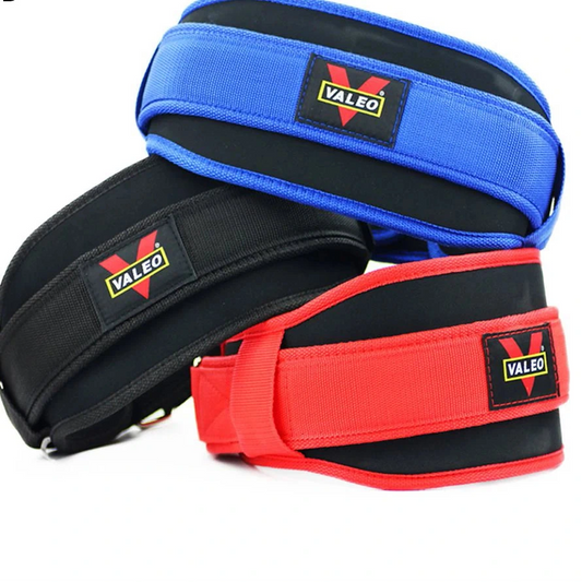 Three weightlifting belts in blue, black, and red with Valeo logo on a white background