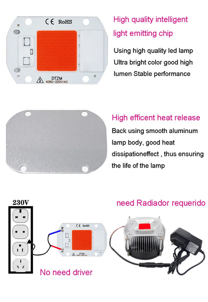 COB LED Grow Light Chip - AC220V Full Spectrum No Driver Needed - Bascora