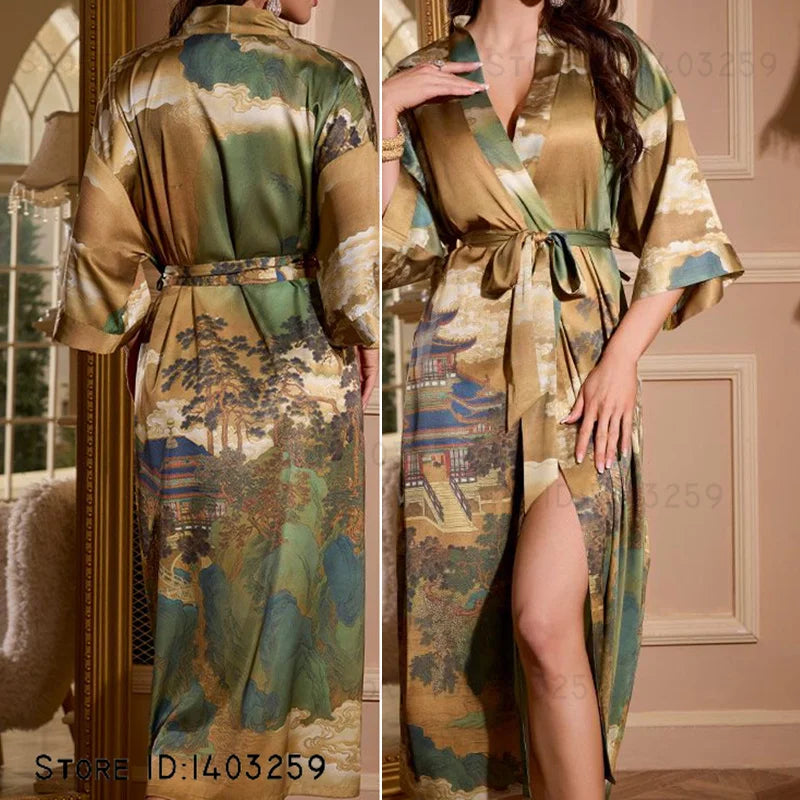 Plus Size Floral Kimono Robe - Silk Satin Loungewear