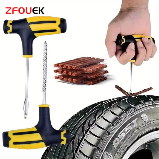 Tire repair tool set with a hand holding a tool, tire, and metal plates on a white background.