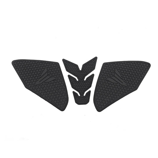 Three black motorcycle tank pads with a central emblem on a white background