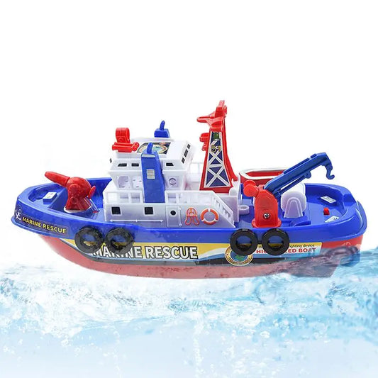 Toy marine rescue boat with red, white, and blue colors on a white background