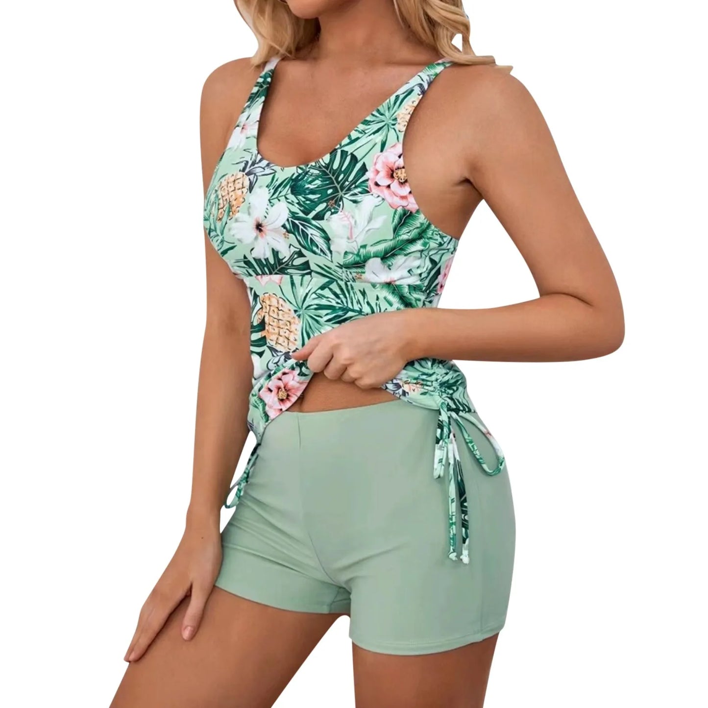 Women's Conservative Swimsuit - Floral Print Two-Piece with Swim Shorts